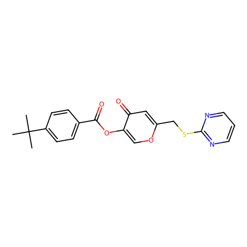 4-oxo-6-((pyrimidin-2-ylthio)methyl)-4H-pyran-3-yl 4-(tert-butyl)benzoate structure