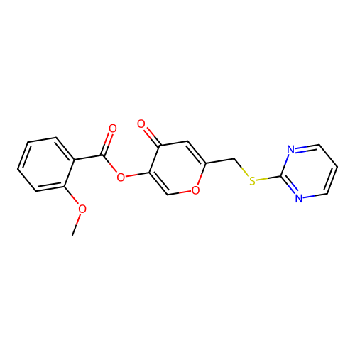 4-oxo-6-((pyrimidin-2-ylthio)methyl)-4H-pyran-3-yl 2-methoxybenzoate structure