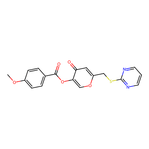 4-oxo-6-((pyrimidin-2-ylthio)methyl)-4H-pyran-3-yl 4-methoxybenzoate structure