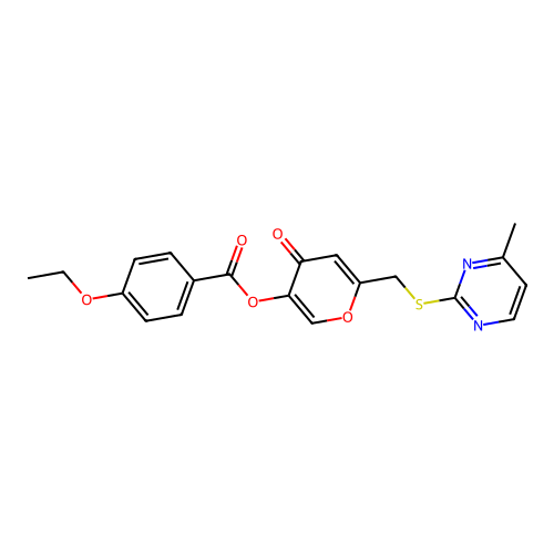 6-(((4-methylpyrimidin-2-yl)thio)methyl)-4-oxo-4H-pyran-3-yl 4-ethoxybenzoate structure