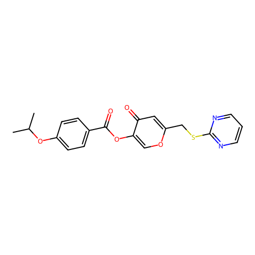 4-oxo-6-((pyrimidin-2-ylthio)methyl)-4H-pyran-3-yl 4-isopropoxybenzoate structure