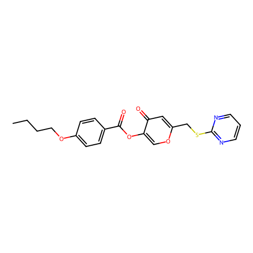 4-oxo-6-((pyrimidin-2-ylthio)methyl)-4H-pyran-3-yl 4-butoxybenzoate structure