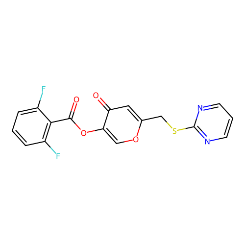 4-oxo-6-((pyrimidin-2-ylthio)methyl)-4H-pyran-3-yl 2,6-difluorobenzoate structure