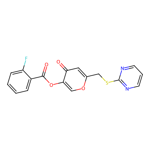 4-oxo-6-((pyrimidin-2-ylthio)methyl)-4H-pyran-3-yl 2-fluorobenzoate structure