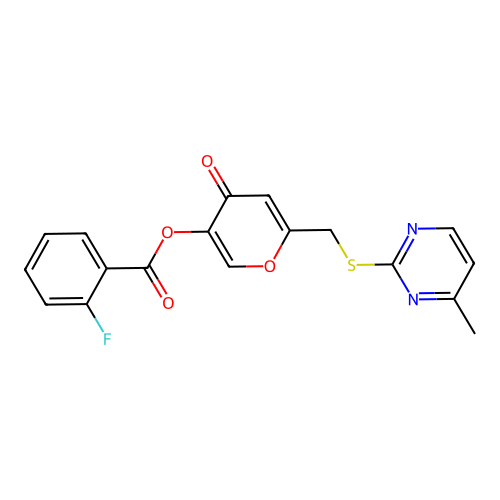6-(((4-methylpyrimidin-2-yl)thio)methyl)-4-oxo-4H-pyran-3-yl 2-fluorobenzoate structure