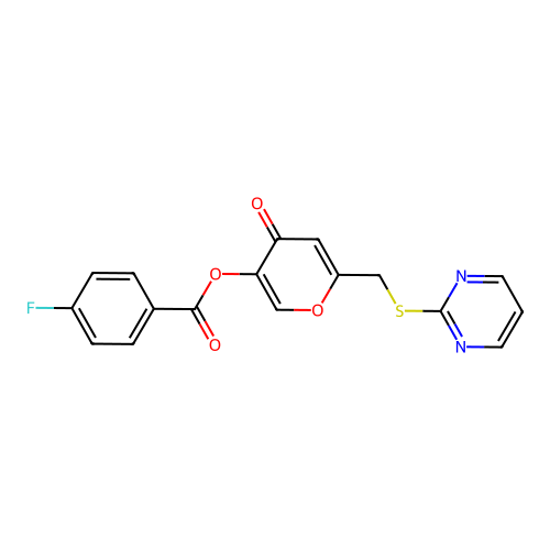 [4-Oxo-6-(pyrimidin-2-ylsulfanylmethyl)pyran-3-yl] 4-fluorobenzoate structure