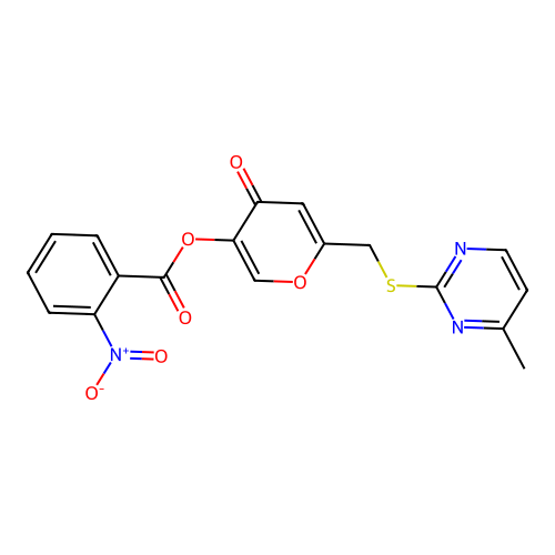 6-(((4-methylpyrimidin-2-yl)thio)methyl)-4-oxo-4H-pyran-3-yl 2-nitrobenzoate structure