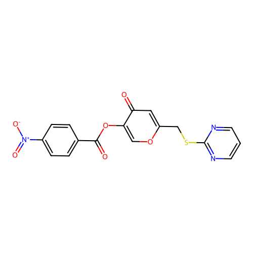 4-oxo-6-((pyrimidin-2-ylthio)methyl)-4H-pyran-3-yl 4-nitrobenzoate structure