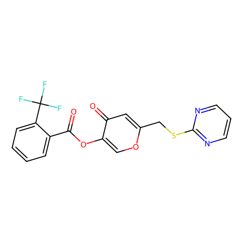 [4-Oxo-6-(pyrimidin-2-ylsulfanylmethyl)pyran-3-yl] 2-(trifluoromethyl)benzoate structure