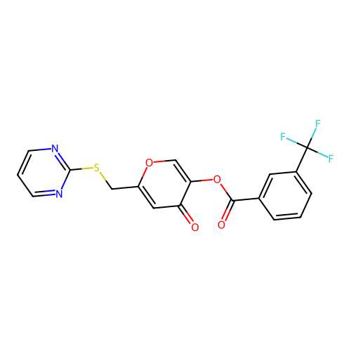 [4-Oxo-6-(pyrimidin-2-ylsulfanylmethyl)pyran-3-yl] 3-(trifluoromethyl)benzoate structure