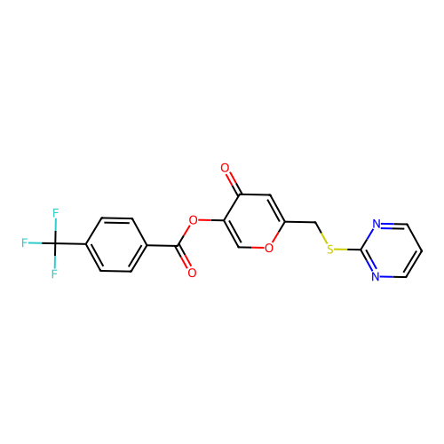 [4-Oxo-6-(pyrimidin-2-ylsulfanylmethyl)pyran-3-yl] 4-(trifluoromethyl)benzoate structure