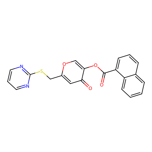 4-oxo-6-((pyrimidin-2-ylthio)methyl)-4H-pyran-3-yl 1-naphthoate structure