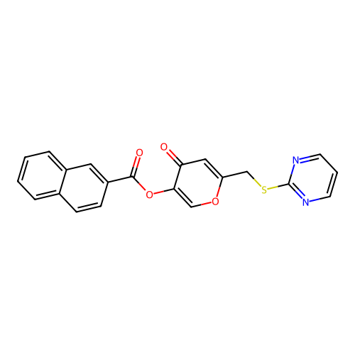 4-oxo-6-((pyrimidin-2-ylthio)methyl)-4H-pyran-3-yl 2-naphthoate structure