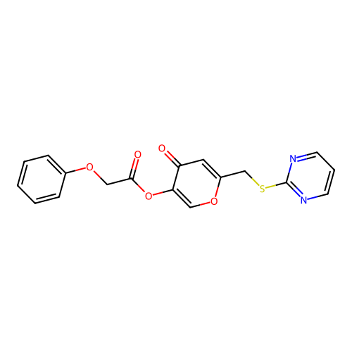 4-oxo-6-((pyrimidin-2-ylthio)methyl)-4H-pyran-3-yl 2-phenoxyacetate structure