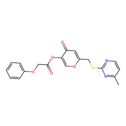 6-(((4-methylpyrimidin-2-yl)thio)methyl)-4-oxo-4H-pyran-3-yl 2-phenoxyacetate structure