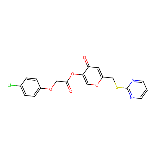 [4-Oxo-6-(pyrimidin-2-ylsulfanylmethyl)pyran-3-yl] 2-(4-chlorophenoxy)acetate structure