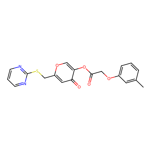 [4-Oxo-6-(pyrimidin-2-ylsulfanylmethyl)pyran-3-yl] 2-(3-methylphenoxy)acetate structure