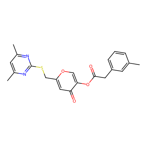 6-(((4,6-dimethylpyrimidin-2-yl)thio)methyl)-4-oxo-4H-pyran-3-yl 2-(m-tolyl)acetate structure
