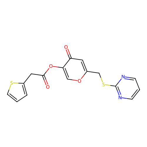 4-oxo-6-((pyrimidin-2-ylthio)methyl)-4H-pyran-3-yl 2-(thiophen-2-yl)acetate structure