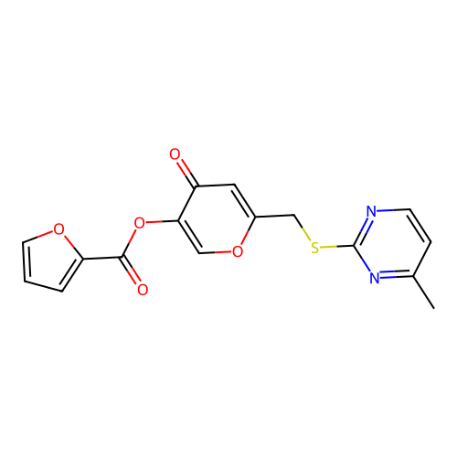 6-(((4-methylpyrimidin-2-yl)thio)methyl)-4-oxo-4H-pyran-3-yl furan-2-carboxylate structure