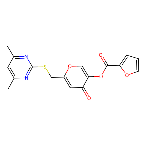 6-(((4,6-dimethylpyrimidin-2-yl)thio)methyl)-4-oxo-4H-pyran-3-yl furan-2-carboxylate structure