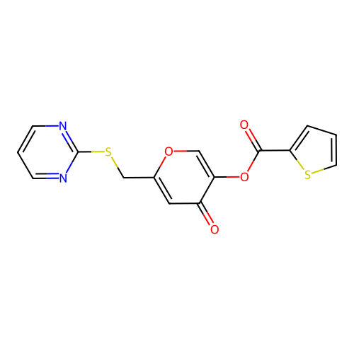 4-oxo-6-((pyrimidin-2-ylthio)methyl)-4H-pyran-3-yl thiophene-2-carboxylate structure