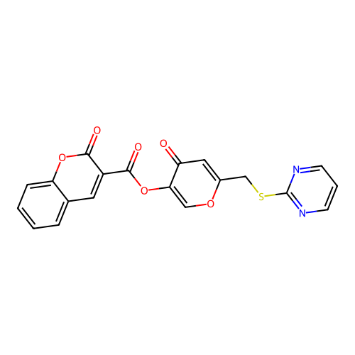 [4-Oxo-6-(pyrimidin-2-ylsulfanylmethyl)pyran-3-yl] 2-oxochromene-3-carboxylate structure