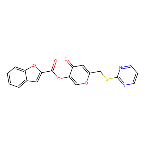 4-oxo-6-((pyrimidin-2-ylthio)methyl)-4H-pyran-3-yl benzofuran-2-carboxylate structure