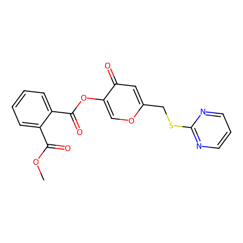 methyl (4-oxo-6-((pyrimidin-2-ylthio)methyl)-4H-pyran-3-yl) phthalate structure