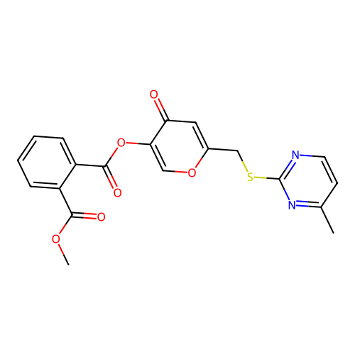 methyl (6-(((4-methylpyrimidin-2-yl)thio)methyl)-4-oxo-4H-pyran-3-yl) phthalate structure