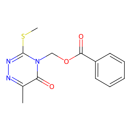 (6-methyl-3-(methylthio)-5-oxo-1,2,4-triazin-4(5H)-yl)methyl benzoate structure