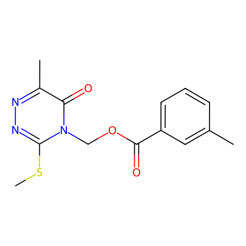 (6-methyl-3-(methylthio)-5-oxo-1,2,4-triazin-4(5H)-yl)methyl 3-methylbenzoate structure
