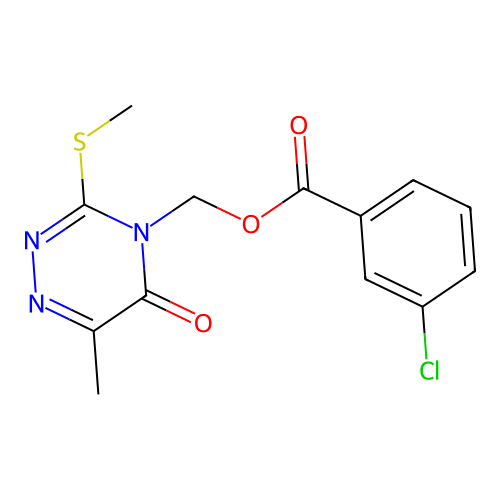 (6-methyl-3-(methylthio)-5-oxo-1,2,4-triazin-4(5H)-yl)methyl 3-chlorobenzoate structure