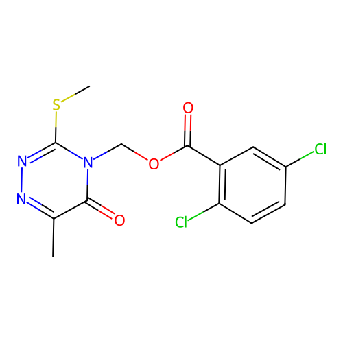 (6-methyl-3-(methylthio)-5-oxo-1,2,4-triazin-4(5H)-yl)methyl 2,5-dichlorobenzoate structure