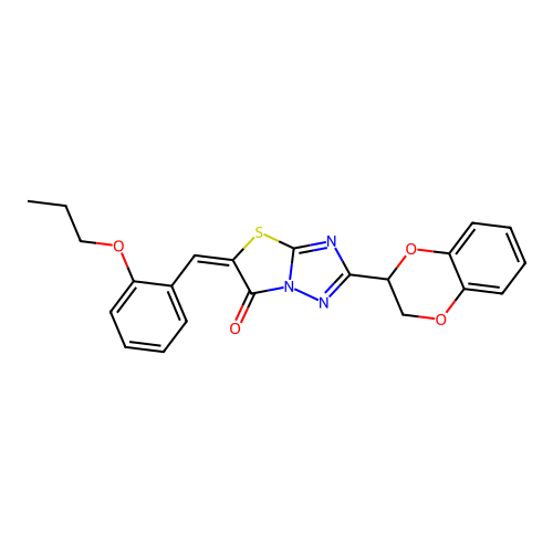 (5E)-2-(2,3-dihydro-1,4-benzodioxin-3-yl)-5-[(2-propoxyphenyl)methylidene]-[1,3]thiazolo[3,2-b][1,2,4]triazol-6-one structure