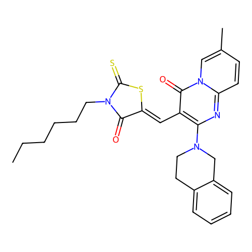 2-(3,4-dihydroisoquinolin-2(1H)-yl)-3-[(Z)-(3-hexyl-4-oxo-2-thioxo-1,3-thiazolidin-5-ylidene)methyl]-7-methyl-4H-pyrido[1,2-a]pyrimidin-4-one structure