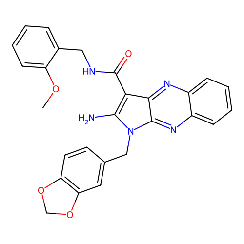 2-amino-1-(1,3-benzodioxol-5-ylmethyl)-N-(2-methoxybenzyl)-1H-pyrrolo[2,3-b]quinoxaline-3-carboxamide structure