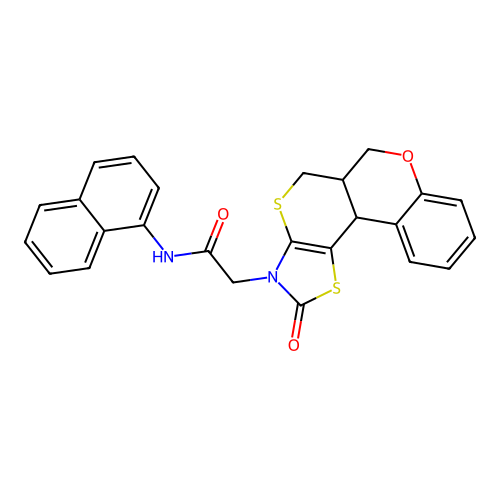 N-naphthyl-2-(10-oxo(7H,11bH,6aH-1,3-thiazolino[5',4'-6,5]thiino[3,4-c]chroman-9-yl))acetamide structure