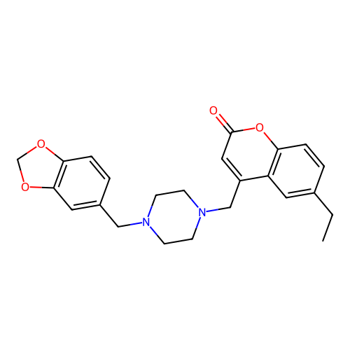 4-((4-(benzo[d][1,3]dioxol-5-ylmethyl)piperazin-1-yl)methyl)-6-ethyl-2H-chromen-2-one structure
