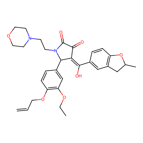 (4E)-5-(3-ethoxy-4-prop-2-enoxyphenyl)-4-[hydroxy-(2-methyl-2,3-dihydro-1-benzofuran-5-yl)methylidene]-1-(2-morpholin-4-ylethyl)pyrrolidine-2,3-dione structure