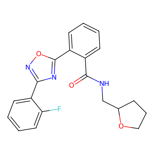 2-(3-(2-fluorophenyl)-1,2,4-oxadiazol-5-yl)-N-((tetrahydrofuran-2-yl)methyl)benzamide structure
