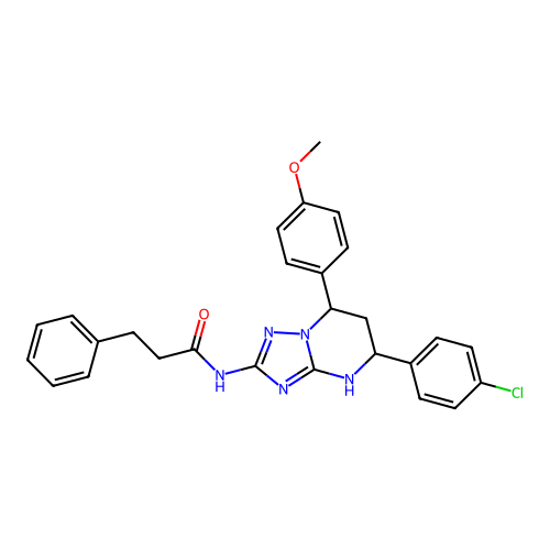N-(5-(4-chlorophenyl)-7-(4-methoxyphenyl)-4,5,6,7-tetrahydro-[1,2,4]triazolo[1,5-a]pyrimidin-2-yl)-3-phenylpropanamide structure