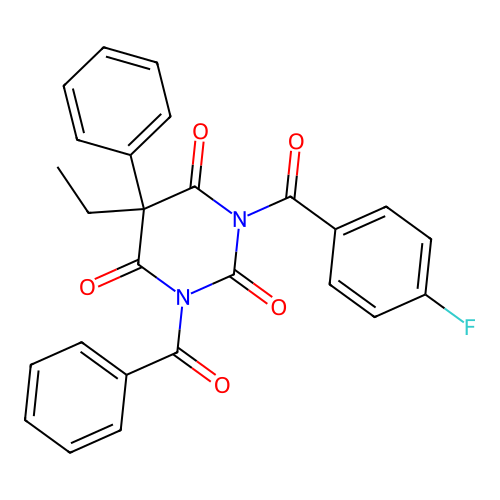 1-benzoyl-5-ethyl-3-(4-fluorobenzoyl)-5-phenyl-1,3-diazinane-2,4,6-trione structure