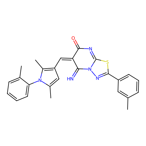 (E)-6-((2,5-dimethyl-1-(o-tolyl)-1H-pyrrol-3-yl)methylene)-5-imino-2-(m-tolyl)-5H-[1,3,4]thiadiazolo[3,2-a]pyrimidin-7(6H)-one structure