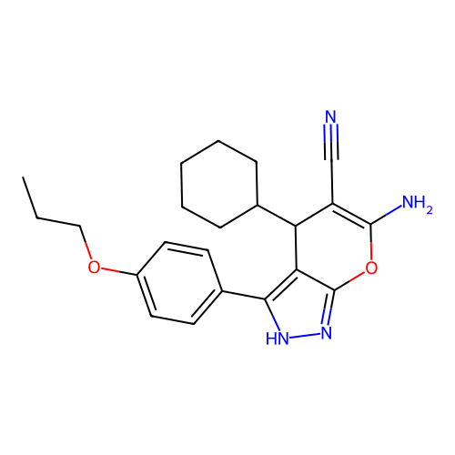 6-amino-4-cyclohexyl-3-(4-propoxyphenyl)-2,4-dihydropyrano[2,3-c]pyrazole-5-carbonitrile structure
