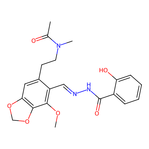 N-(2-{6-[(2-Hydroxy-benzoyl)-hydrazonomethyl]-7-methoxy-benzo[1,3]dioxol-5-yl}-ethyl)-N-methyl-acetamide structure