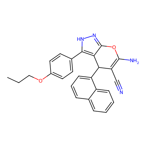 6-amino-4-(naphthalen-1-yl)-3-(4-propoxyphenyl)-1,4-dihydropyrano[2,3-c]pyrazole-5-carbonitrile structure