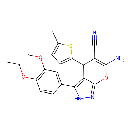 6-amino-3-(4-ethoxy-3-methoxyphenyl)-4-(5-methylthiophen-2-yl)-2,4-dihydropyrano[2,3-c]pyrazole-5-carbonitrile structure