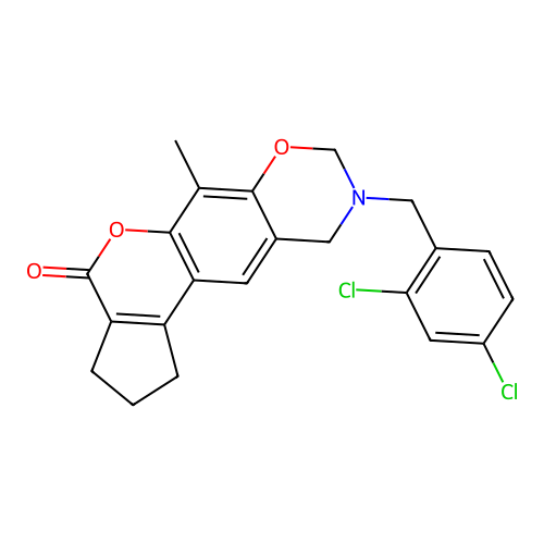 9-(2,4-dichlorobenzyl)-6-methyl-2,3,9,10-tetrahydro-1H-cyclopenta[3,4]chromeno[6,7-e][1,3]oxazin-4(8H)-one structure