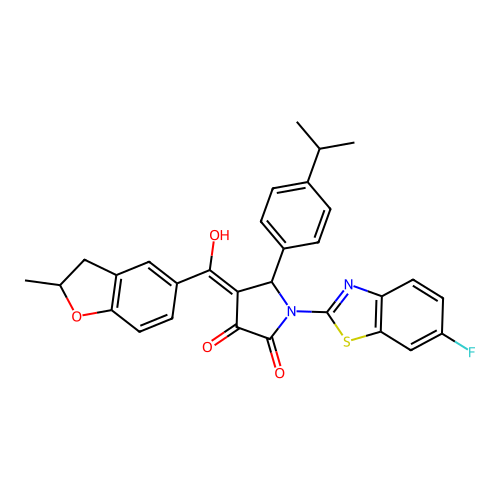 (4E)-1-(6-fluoro-1,3-benzothiazol-2-yl)-4-[hydroxy(2-methyl-2,3-dihydro-1-benzofuran-5-yl)methylidene]-5-[4-(propan-2-yl)phenyl]pyrrolidine-2,3-dione structure